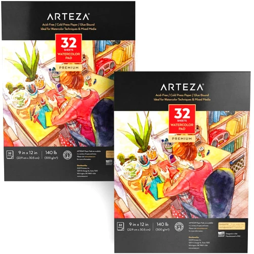 ARTEZA Watercolor Paper, Pack of 2, 32 Sheets Each, 9x12 Inch Watercolor Sketchbook, 140lb/300gsm, Cold Press, Acid Free Art Paper