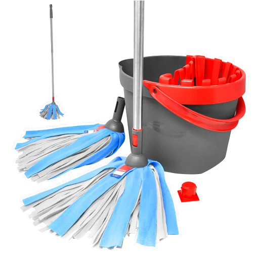 FAYINA Bucket & Wringer Viscose Cleaning System - Stainless Steel Handle Extendable up to 56 Inches, Washable & Reusable Viscose Mop Head (2 Count) and Storage Organizer Peg (1 Count)