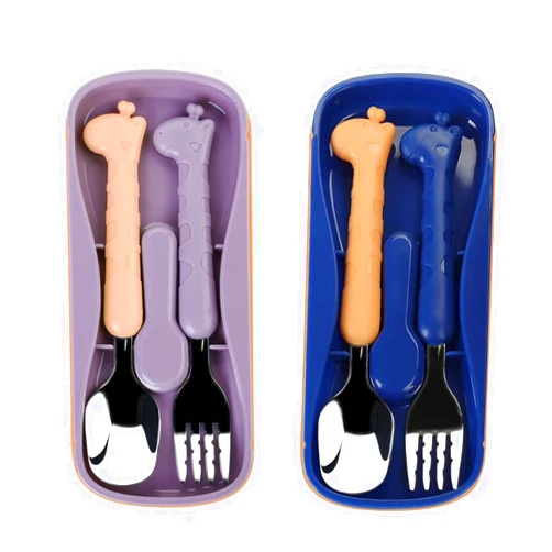 FUNNUO Stainless Steel Kids Cartoon Cutlery Set With Portable Case, Kid Spoon and Fork Set, Safe Toddler Utensil Set for Children Self-Feeding (2, BLue and Purple)