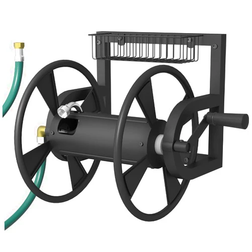 Artigarden Garden Wall Mounted Hose Reel, Outdoor Heavy-Duty Water Hose Holder Winder, Holds 125 Feet of 5/8-Inch Hose, with 3.9 ft Leader Hose, Brass Fitting and Storage Basket for Yard, Black