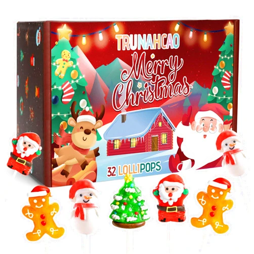 Trunahcao Christmas Lollipop Suckers,32 Count Christmas Candy Individually Wrapped Bulk with Gift Box Fruit Flavored Snowman Candies Gift Stocking Stuffers, Party Favors