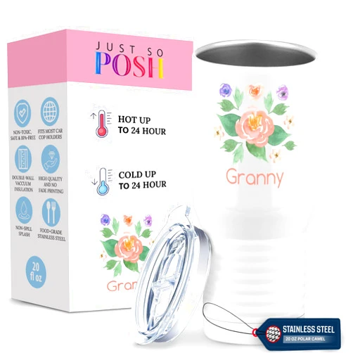 Just So Posh Granny Flowers Tumbler, Tall Travel Coffee Mug, White 20 oz Polar Camel, Stainless Steel, Vacuum Insulated