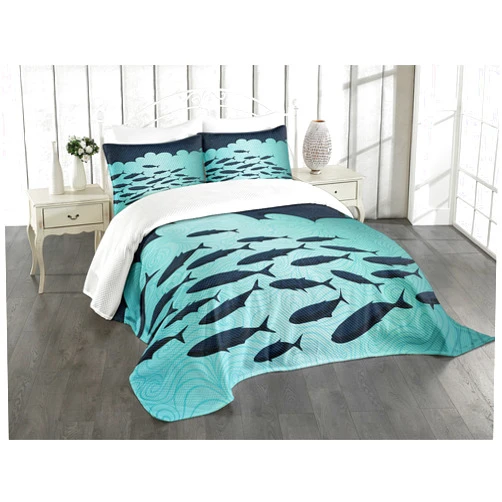 Ambesonne Fish Bedspread Set, Surreal Ornate Swirl Waves and Group of Fish with Nautical Under The Sea Theme, 3 Piece Decorative Bedding Coverlet and 2 Pillow Shams, Queen Size, Blue Turquoise