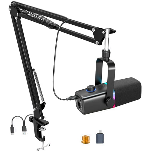 ZealSound XLR/USB Dynamic Microphone for Gaming Podcast,Mic for iPhone Phone PC Computer Gaming Streaming Microphone with RGB Light,Mute Button,Mic Gain,Headphones Jack,Boom Arm Stand,Singing YouTube