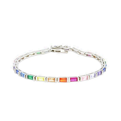 AFFY 14k Gold Plated 925 Sterling Silver Colourful Bar Setting Rainbow Baguette Sparkling Multi Color Sapphire Gemstone Tennis Bracelet, Jewelry for womens