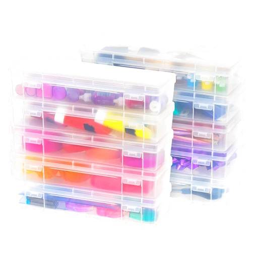 IRIS USA Plastic Pencil Case Box Craft Hobby Art School Supply Storage Organizer Container with Latching Lid, 10-Pack, for Bead Pens Ribbons Wahi Tape Sticker Yarn Ornaments, Stackable, Clear, Large