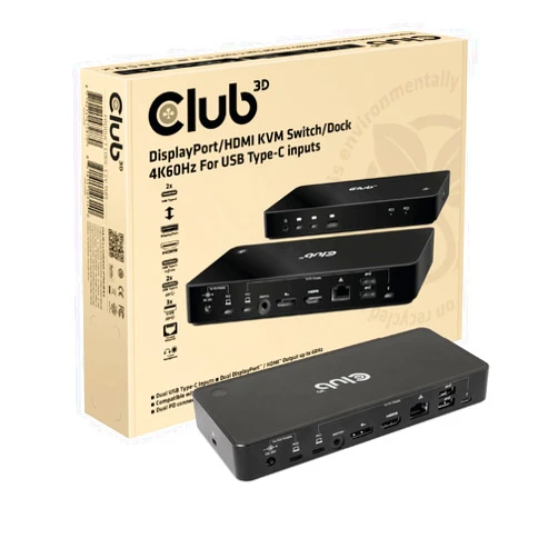 Club 3D DisplayPort/HDMI KVM Switch 4K60Hz For USB Type-C Inputs