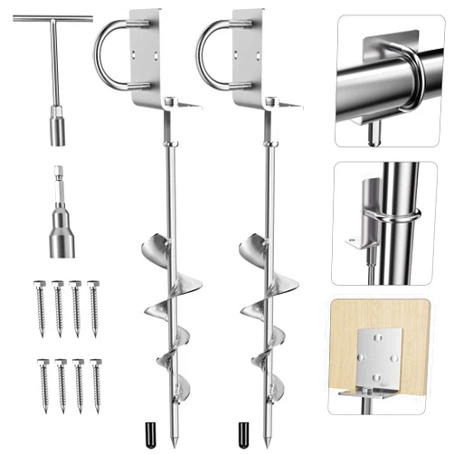 Phopich Multi-Purpose Ground Anchors Screw in, 16in Fully Welded Heavy Duty Trampoline Stakes with Brackets, T-Wrench and Adapter for Drill, Earth Anchor kit for Mobile Home, Trampoline, Shed 2Pack