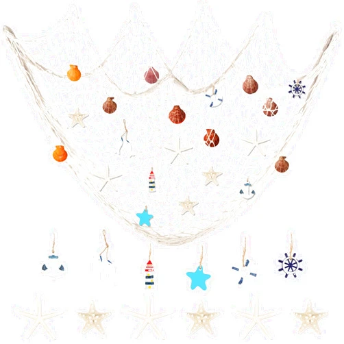 DETENE 22 Pcs Nautical Fishing Net Wall Hanging Decor Decorative Fishing Net with Starfish and Shell Wooden Ocean Themed Hanging Ornaments for Nautical Party Decorations,Daily Home Decor(Beige)