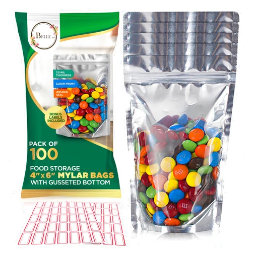 BELLE KR® 4x6 Mylar Bags for Freeze Dried Candy - Pack Of 100-7.5mil Thick - 1/2 Pint Stand Up Small Clear Mylar Bags with See Through Window for Freeze Drying - Labels Included