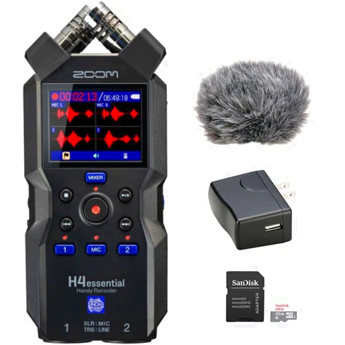 Kellards Zoom H4essential 4-Track 32-Bit Float Portable Audio Recorder Bundle with Auray WRW-H4N Custom Windbuster for Zoom H4n, 32GB SDHC Memory Card and Zoom AD17 AC Adapter