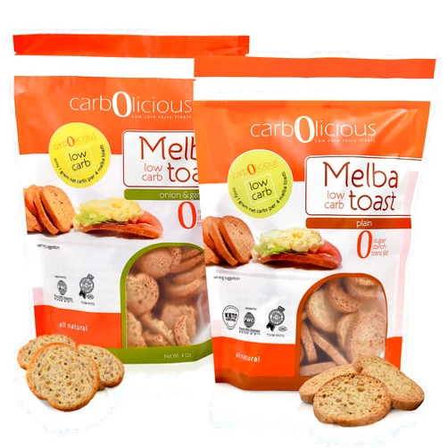 Carbolicious Low Carb Melba Toast [2-Pack] By Carb-o-licious , Sugar Free Keto Snack- 1 Net Carb Per Serving- Kosher Friendly Crunchy Healthy Bites- Variety 2-Pack [1 Plain, 1 Onion & Garlic] 4oz Each