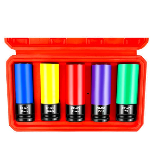 WETT 1/2-Inch Drive Lug Nut Socket Set, 5-Piece Wheel Protector Thin Wall Deep Impact Socket with Color-Coded Protective, (Metric 17mm, 19mm, 21mm & SAE 13/16