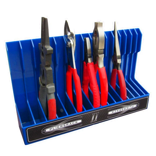 Plyworx PLR16 Blue PliersRack for your Peg Board and Toolbox Drawer. Plier storage for Regular & smaller pliers. Keeps spring loaded pliers closed in your toolbox. Has a special tilt feature.