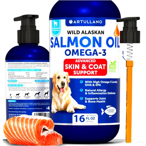 Artullano Wild Alaskan Salmon Oil for Dogs - Salmon Oil for Dogs Skin and Coat - Dog Salmon Oil Liquid for Food - Omega 3 Fish Oil for Dogs Itch & Allergy - EPA & DHA Fatty Acids - Shedding Supplement