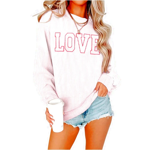 MNLYBABY Cute Valentines Sweatshirt Women Love Heart Shirts Ribbed Textured Knit Casual Shirt Lightweight Long Sleeve Top
