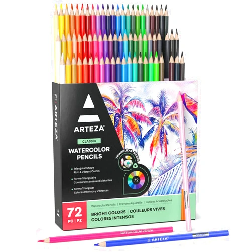 ARTEZA 72 Watercolor Pencils, Water Color Pencils in Assorted Shades, Triangular Shape Drawing Pencils