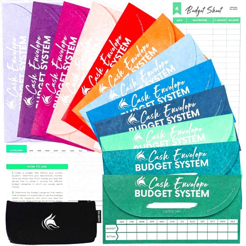 Clever Fox Cash Envelopes for Budgeting System – Budget Envelopes for Cash Budgeting and Saving, Tear and Water Resistant, Includes Carry Pouch & 12 Expense Tracking Budget Sheets, 12 Pack - Assorted