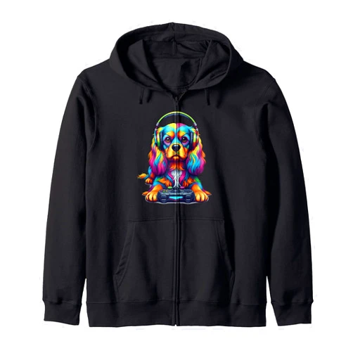 Colorful Gaming Cavalier King Charles Spaniel Dog Colorful Cavalier King Charles Spaniel Gamer Dog Video Game Zip Hoodie