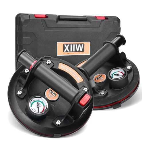 XIIW 8'' Glass Suction Cups to Lift Large Glass 2 Pack, 617 lbs Load Capacity, Heavy Duty Vacuum Suction Cup Lifter with Pressure Gauge for Tiles, Windshield, Window, Glass Lifting with Carrying Case