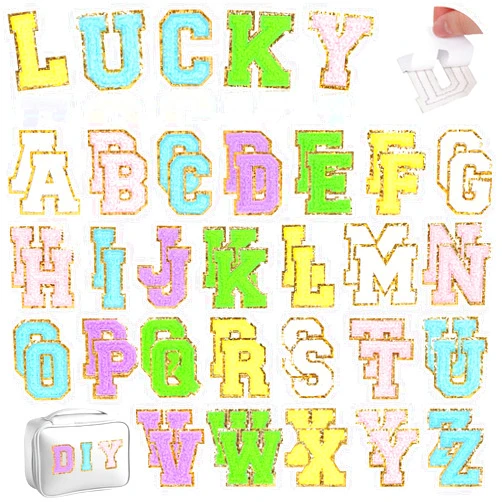 LOVEINUSA 52PCS Chenille Letter Patches, Self Adhesive Patches for Jackets Embroidered Patches Letter Patches Sticker with Gold Glitter for DIY