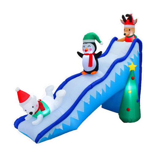 BZB Goods 9 Foot Long Christmas Inflatable Penguin Reindeer Polar Bear Christmas Tree Fun Trio Slide Scene Decor Outdoor Indoor Holiday Decorations, Blow Up Lighted Yard Giant Home Lawn Inflatable