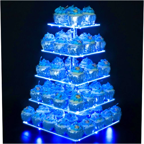 YestBuy 5 Tier Cupcake Stand Acrylic Cupcake Tower Display with LED Light Premium Cupcake Holder Dessert Tree Tower for Birthday Cady Bar Party Décor Weddings, Birthday Parties Events (Blue Light)