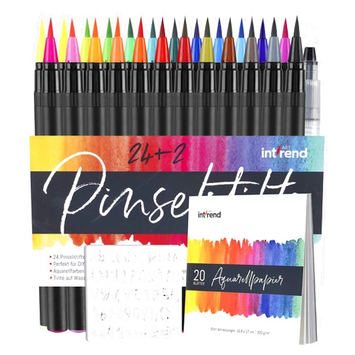 Int!rend Brush Pen Set: 24 Watercolor Pens, 2 Water Brushes, 20 Sheets, 5 Stencils – Ideal for Calligraphy, Handlettering & Art Projects