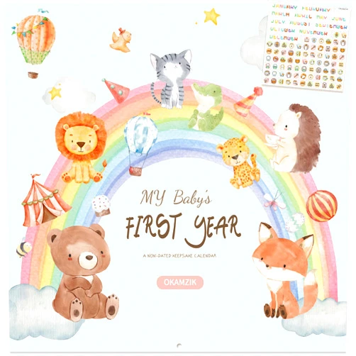 OKAMZIK Baby's First Year Calendar, Memory Book with Milestone Stickers and Storage Pocket, Baby Keepsake Tracker - 1st Year Tracker (animal)
