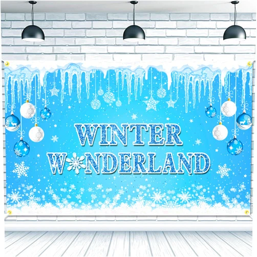 JKQ Blue Winter Wonderland Backdrop Banner 73 x 43 Inch Large Size Winter Snowflake Background Banner for Boys Girls Baby Shower Party Decorations Christmas Snow Landscape Indoor Photo Booth Props