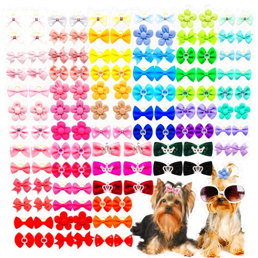 Senniea 100pcs Crown Dog Hair Bows,Mix Small Medium Dog Hair Grooming Bows,Puppy Cute Solid Hair Bows with Rubber Bands for Daily Wearing Holiday Birthday Dog Hair Costume Accessories
