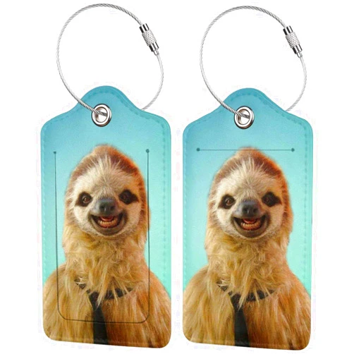 ASDFS Set of 2 Luggage Tag,Funny Sloth PU Leather Baggage Tags ID Suitcase Bag Labels with Full Back Privacy Cover for Men Women Travel