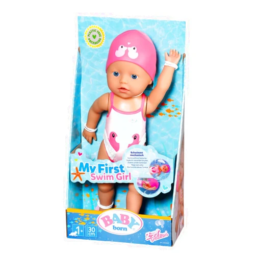 BABY born 835302 My First Swim Girl 30 cm Badepuppe, bewegliche Weapon Beine, schwimmt durchs Wasser, Wasserdicht und Ohne Batterien verwendbar