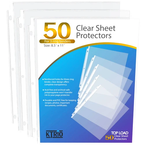 KTRIO Sheet Protectors 8.5 x 11 inch, Clear Page Protector for 3 Ring Binder, Plastic Sleeves for Binders, Top Loading Paper Sheets Document Sleeve Letter Size, Office & Home, 50 Pack