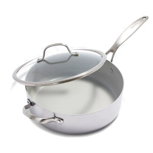 GreenPan Venice Pro Tri-Ply Stainless Steel Healthy Ceramic Nonstick 5QT Saute Pan Jumbo Cooker with Helper Handle and Lid, PFAS-Free, Multi Clad, Induction, Dishwasher Safe, Oven Safe, Silver
