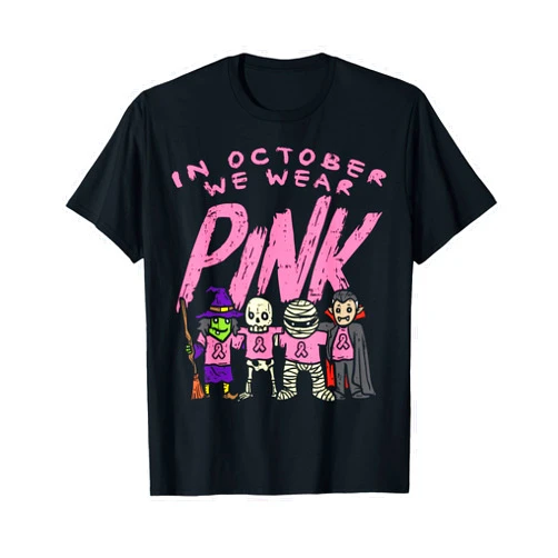 BoredKoalas Funny Halloween Costume Shirts 2021 October We Wear Pink Witch Skeleton Halloween Breast Cancer T-Shirt