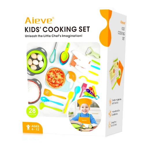 Aieve Kids Cooking Sets Utensils with Kitchen Tool Guide Recipes, 28 Pack