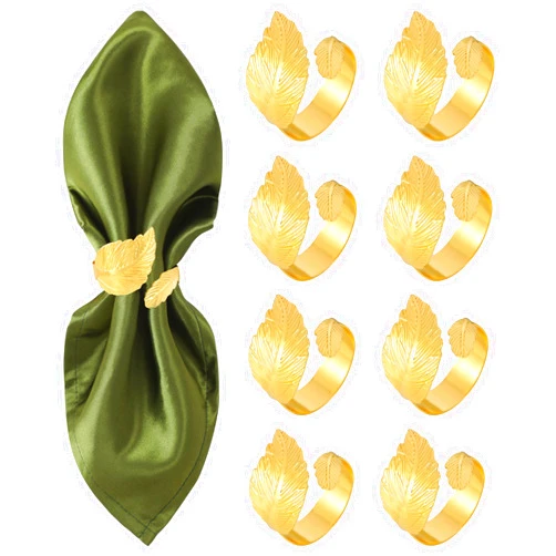 MONKKINO Napkin Rings, Gold Napkin Rings, Shiny Metal Leaf Napkin Rings, Modern Fall Napkin Rings Set of 8, Boho Napkin Rings Bulk for Christmas, Wedding, Party, Table Decor for Cloth Napkins, 1.77
