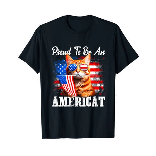 Amb Patriotic Cat Kitten Lovers Owners 4th Of July Proud To Be An Americat Orange Cat American Flag 4th Of July T-Shirt