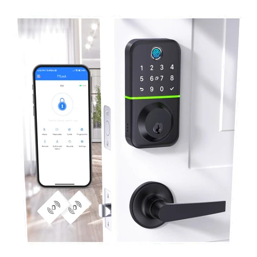 WiseGear Keypad Door Lock with Handle Set: Fingerprint Deadbolt Smart Lock with 2 Levers - APP Controlled Keyless Entry Door Lock - Waterproof Smart Locks for Front Door - Electronic Door Lock with Code