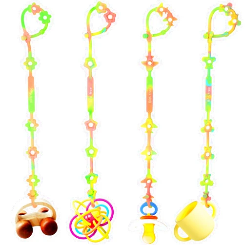 Buauty Toy Safety Straps for Baby, Silicone Pacifier Clips, 4 Pack Silicone Baby Toy Bottle Teether Bungee Straps for Stroller Car Seat High Chair Crib Toy Accessories Busy Baby Links Rings Travel Essentials