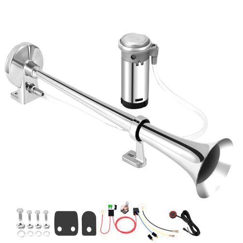 Banhao 12V 150db Air Horn, BANHAO Chrome Zinc Single Trumpet Truck Air Horn with Compressor for Any 12V Vehicles Trucks Lorrys Trains Boats Cars(Chrome horn with button)