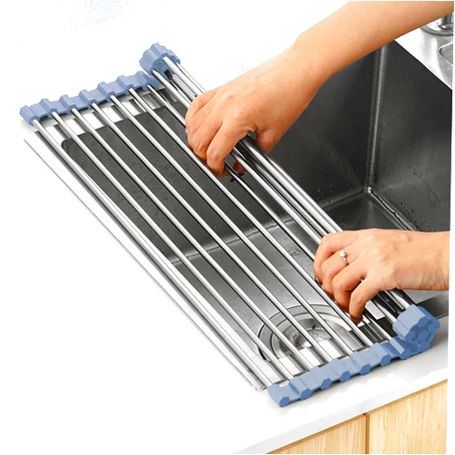 MECHEER Over The Sink Dish Drying Rack, Roll Up Dish Drying Rack Kitchen Dishes Rack Stainless Steel Sink Drying Racks, Foldable Dishes Drainer, Gray (17.5''x15.7'')