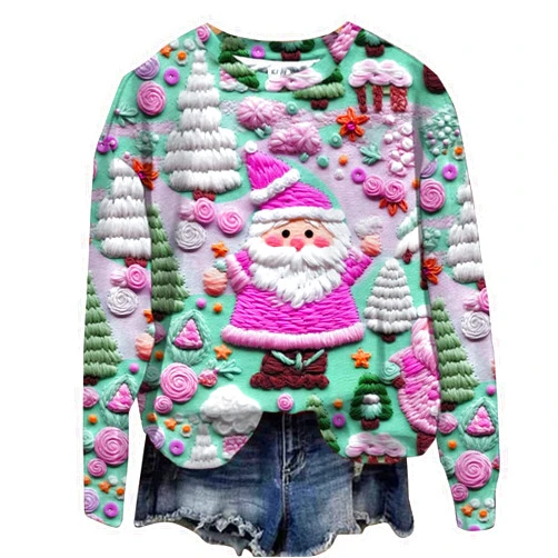 SMIDOW Ugly Christmas Sweatshirts for Women Cute Funny 3D Digital Print Xmas Pullover Tops Crewneck Christmas Sweater Shirts