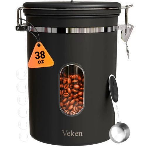 Veken 38oz Large Coffee Canister with Window, Airtight Stainless Steel, Kitchen Food Storage Container with Lids, Date Tracker and Scoop, Grounds Coffee Beans, Tea, Flour, Cereal, Sugar Jars, Black