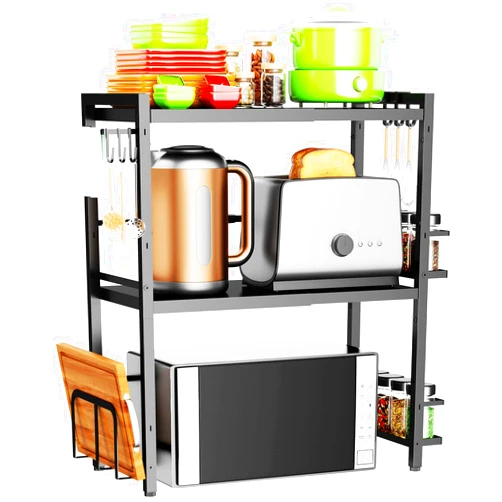 DOLALIKE Microwave Oven Rack, Expandable Microwave Stand Countertop Kitchen Utensils Tableware Storage, Carbon Steel Over Microwave Shelf Countertop with 6 Hooks