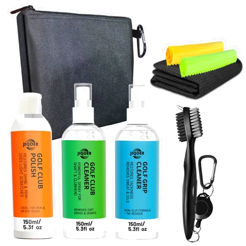 JIQOER Golf Club Cleaning Kit – Grip & Shaft Cleaner, Polish, Groove Sharpener, Brushes & Towels – Complete Golf Club Care Kit for Irons, Drivers, Putters – Rust, Scuff, and Scratch Remover