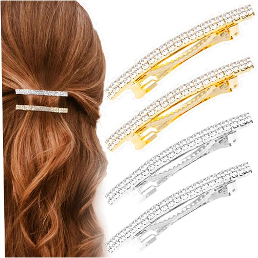 HINZIC 4Pcs Rhinestone Bling Hair Clip, Sparkly Crystal Wedding Hair Barrettes, Metal Rectangular Hair Accessories Ponytail Holder French Small Hairpins for Women Girls Prom Party(Silver, Gold)