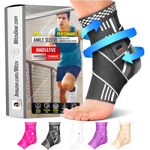 BLITZU Ankle Brace With Adjustable Compression Support Strap for Achilles Tendonitis, Joint Pain Relief. Ankle Wrap for Women & Men. Sprained Ankle & Protectors Sleeve Heel Pain Foot Arch Black XL