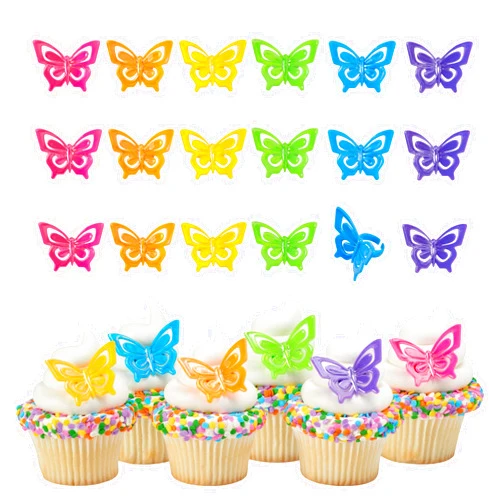 DecoPac Butterfly Cupcake Rings, 24 Multi-colored Cupcake Toppers in Pink, Purple, Blue, Green, Yellow & Orange, 3d Food Safe Cake Toppers – 24 Pack